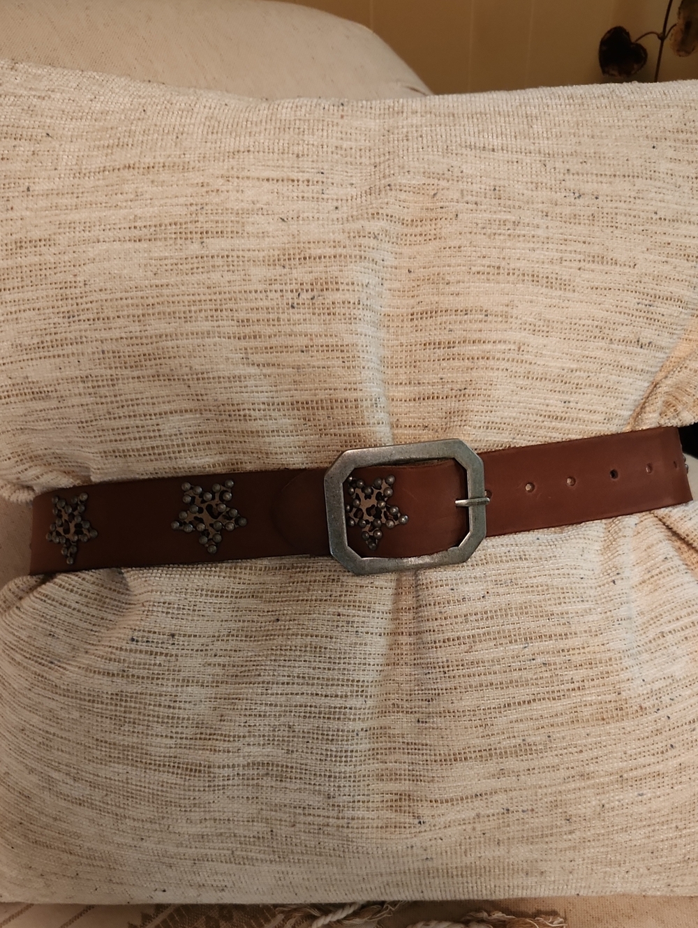 Free People Brown Leather Studded Belt with Animal Print Stars